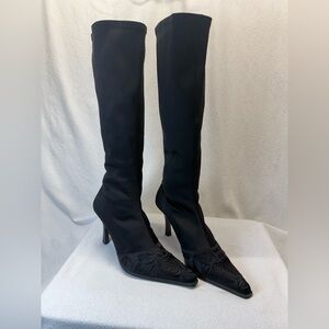 1990’s Y2K A.Marinelli Tall Stretch Boots Black Knee High Embroidered Point Toe